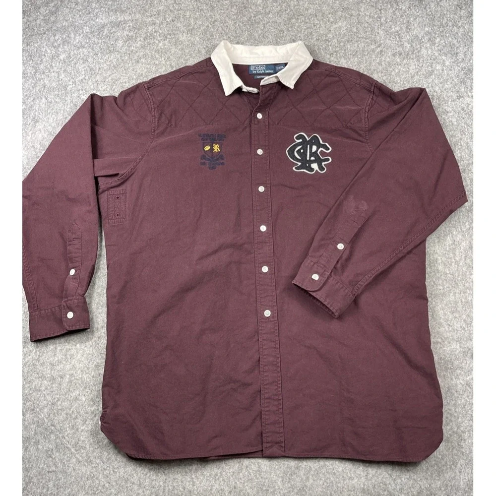 Vintage 90s Polo Ralph Lauren Rugby Shirt XXL Maroon Bleecker Quilted Button‎ Up
